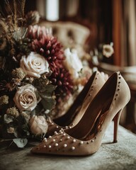 Pearl Stiletto Bridal Heels with Elegant Floral Bouquet