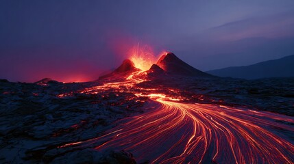 Fototapeta premium Volcanic eruption with flowing lava against a dramatic twilight sky scenery