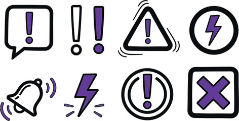 Collection of hand drawn warning and alert icons including exclamation marks bell lightning bolt and cross symbol