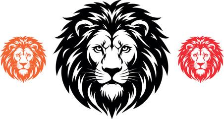 Majestic lion head illustration with smaller orange and red lion portraits on white background © Kohinoor