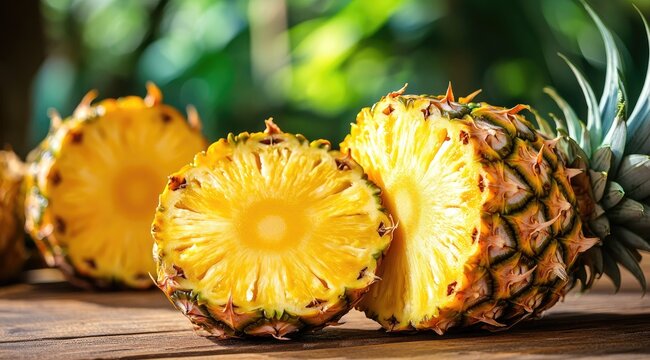 Fresh pineapple halves on a wooden surface
