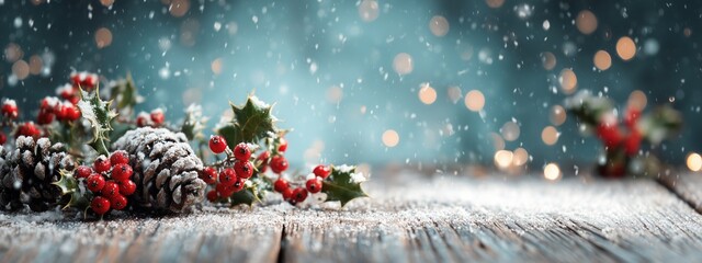 Snowy Christmas Decorations with Holly Berries and Pine Cones on Wooden Surface