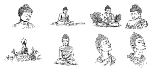 Buddha Portraits And Meditation Sketch Icons Set Hand Drawn Monochrome Vector