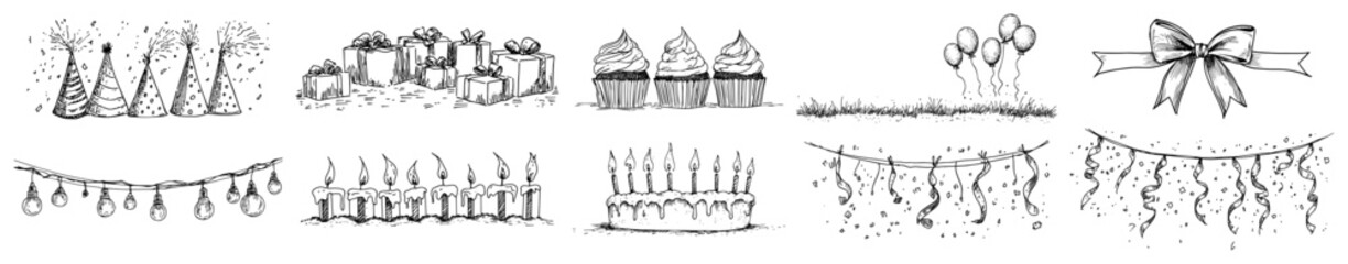 Birthday Party Line Borders Set Hand Drawn Hats Gifts Cupcakes Candles Confetti Vector
