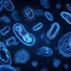 Futuristic holographic germs floating in empty air with a clean minimal medical tech look