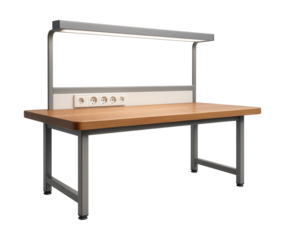 Workbench featuring integrated outlets and overhead lighting, perfect for electronics