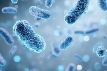 Futuristic holographic germs floating in empty air with a clean minimal medical tech look