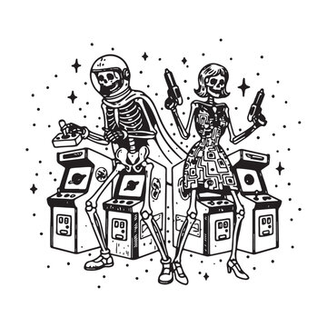 Vintage Skeletons Playing Retro Arcade Machine Games in Space.