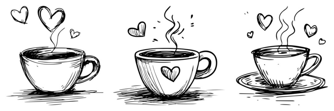 Hand drawn coffee cups with hearts set Doodle sketch of hot drinks like tea or cappuccino for cafe menu Vector illustration