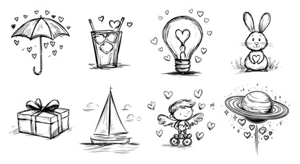 Love and Valentine Day doodle icon set Hand drawn vector sketch collection of cute romantic symbols
