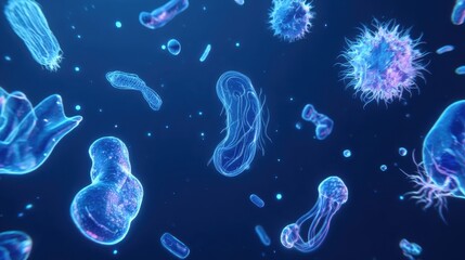 Futuristic holographic germs floating in empty air with a clean minimal medical tech look