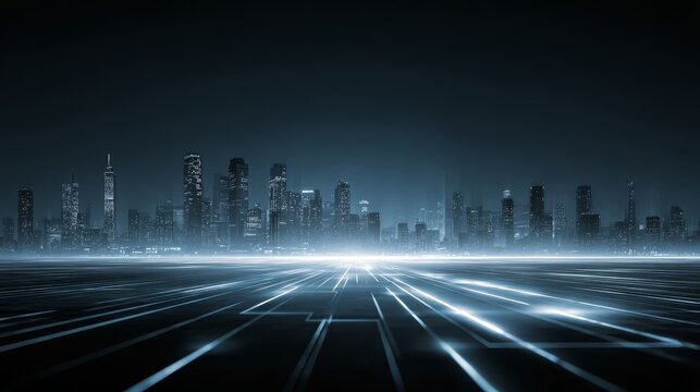Futuristic night cityscape with glowing grid lines evokes advanced technology, digital innovation, and modern urban planning concepts