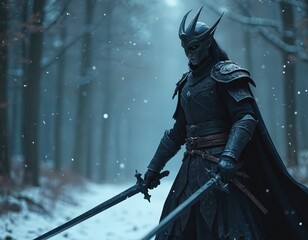 Naklejka premium Dark elf warrior with two swords stands in snowy forest. Fierce fighter wears ornate armor and helmet, ready for battle. Mythical creature walks through winter woods with magical weapons.