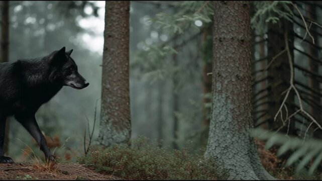 Majestic black wolf walking through a dense forest landscape