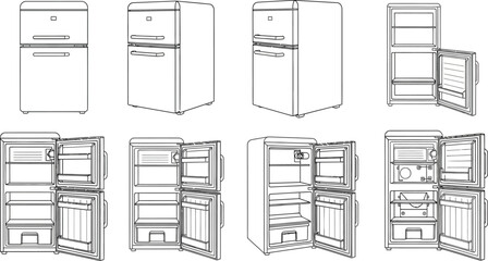 Illustrations of vintage refrigerators in various views and open configurations