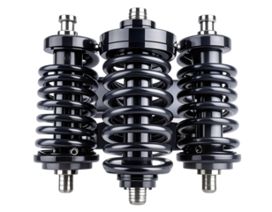 Black Motorcycle Rear Shock Absorber Front View, Coiled Spring Design, Isolated on Transparent Background