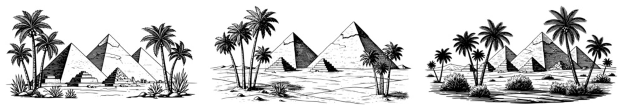 Egyptian desert landscape seamless border Hand drawn vector sketch of pyramids and palm trees