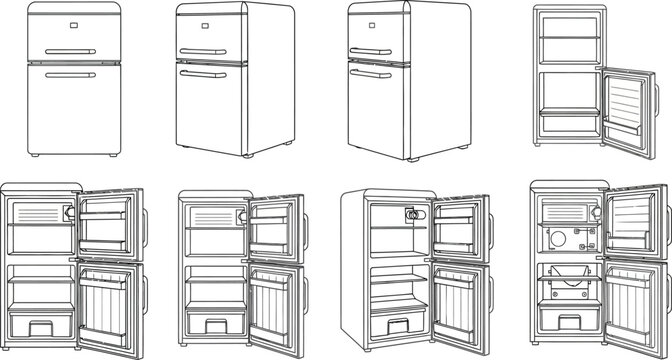 Illustrations of vintage refrigerators in various views and open configurations
