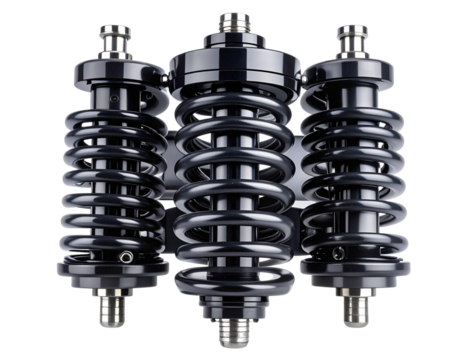Black Motorcycle Rear Shock Absorber Front View, Coiled Spring Design, Isolated on Transparent Background