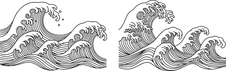 Stylized black and white illustration of powerful ocean waves in motion