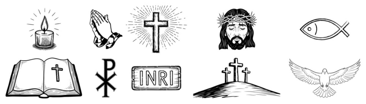 Christian religious symbols vector sketch set Hand drawn collection of faith icons with Jesus cross and bible