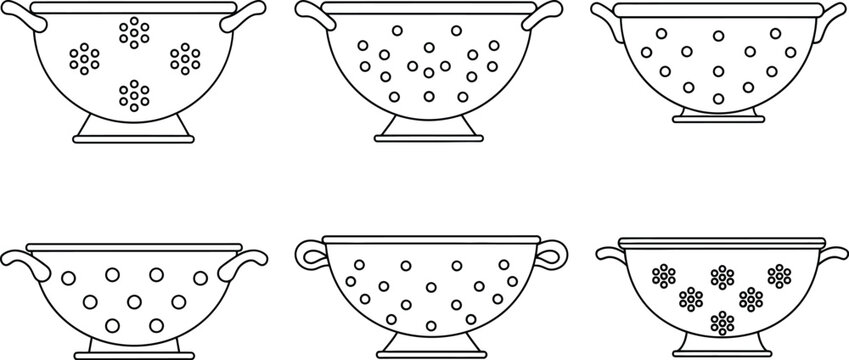Simple line drawing of six metal colanders with varying hole patterns