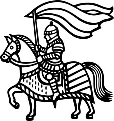 Fototapeta premium Medieval knight riding armored horse with lance and waving banner historic warrior illustration, black and white line art