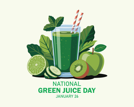 National Green Juice Day vector. Healthy green vegetable and fruit juice vector. Glass of green smoothie icon. Green Juice Day Poster, January 26.