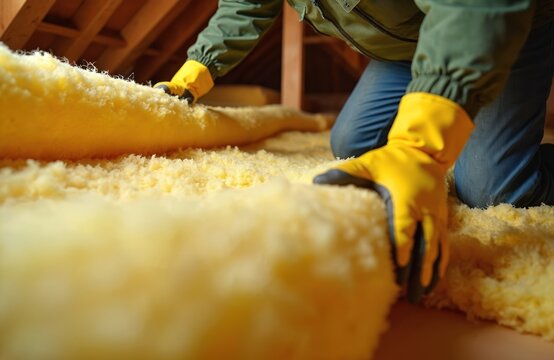 Builder in yellow gloves installs yellow insulation material on attic floor. Construction worker applies thermal isolation for warmth and energy saving in house improvement project.