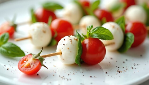 Mini caprese skewers with cherry tomatoes, mozzarella balls, fresh basil leaves. Healthy italian appetizer on white plate seasoned with pepper. Delicious vegetarian finger food snack for party, - Powered by Adobe