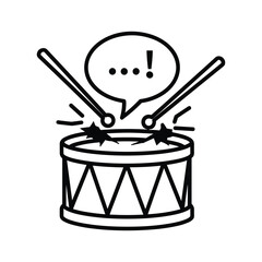 Drum and drumsticks icon with speech bubble, representing an announcement, surprising news, or a loud event.