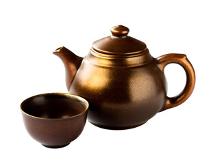 Brown Ceramic Teapot with Matching Cup Beside It, Isolated on White Background for Tea, Beverage, and Cozy Concepts
