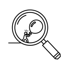 Detailed discovery concept with a tiny person holding a small magnifying glass inside a larger magnifying glass icon art.