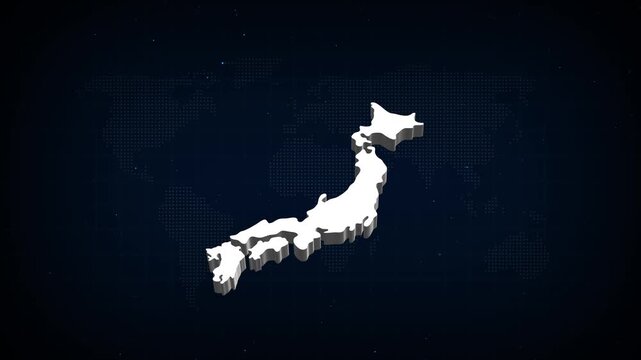 JAPAN map, country territory outline self drawing animation. 3D white map blue background.