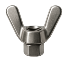 Corrosion-resistant stainless steel wing nut with narrow wings for marine use.