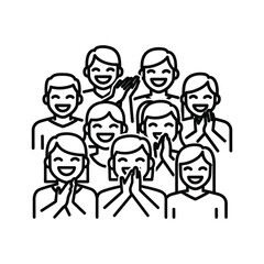 Enthusiastic diverse audience cheering and clapping with big smiles, celebrating success or showing strong support.