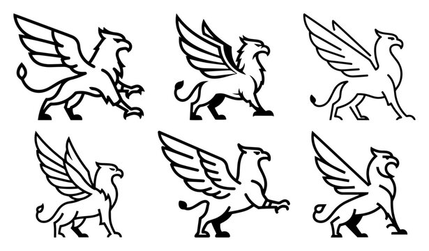 Griffin gryphon heraldic logo icon set Mythical creature collection for emblem design Vector line art