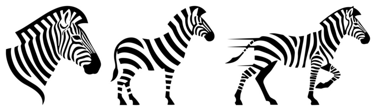 Zebra vector silhouette set Stylized running and standing african animal illustration