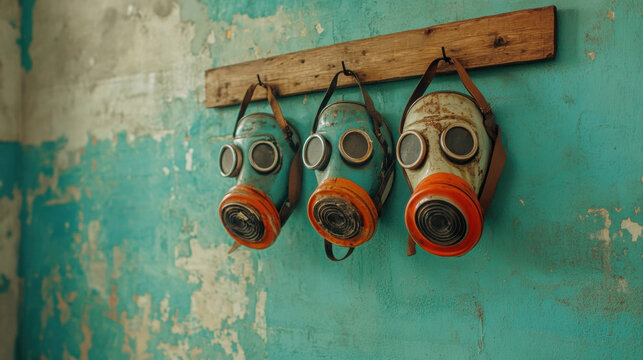 Gas masks hanging on hooks beside coats, depicting a chaotic and intriguing scene indicative of preparedness and survival. - Powered by Adobe