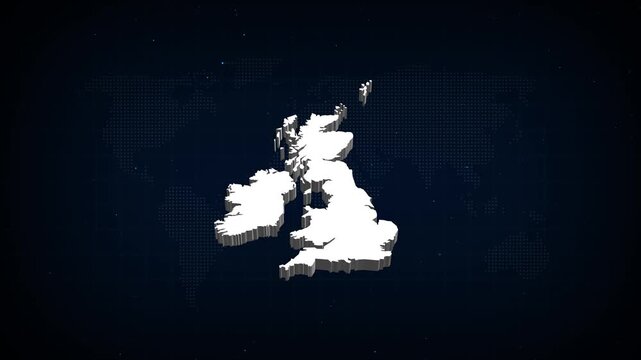 UNITED KINGDOM map, country territory outline self drawing animation. 3D white map blue background.