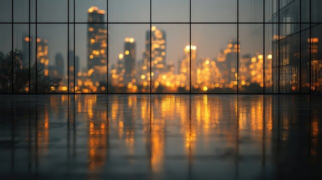 Blurred motion of people walking in modern city on a rainy day, reflected light creates urban scene with skyscrapers