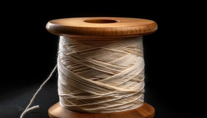 closeup of a wooden spool with natural cotton string against a black backdrop the image highlights texture and craft materials