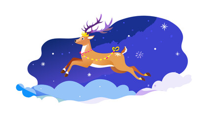 A majestic reindeer flying across a starry Christmas sky with glowing antlers