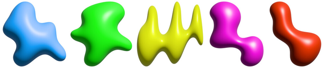 Colorful 3d blob shapes set, abstract fluid organic forms, blue, green, yellow, pink, red elements