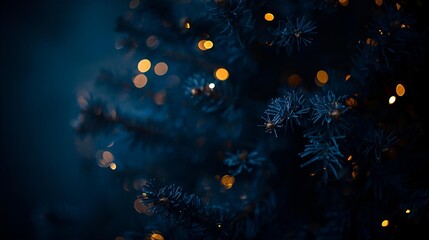 Obraz premium A close up of a christmas tree with blurred lights against a dark blue background night