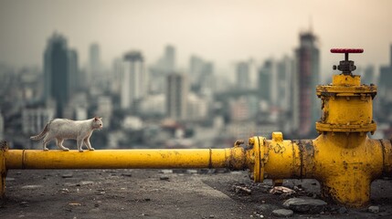 Urban exploration theme with cat balancing on yellow gas pipe against backdrop of high-rise cityscape and cloudy sky