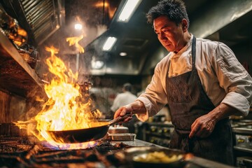 Asian male chef demonstrates culinary technique by flipping food in pan over open flame in busy restaurant kitchen, showcasing professional cooking culture