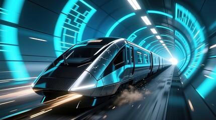 Futuristic high-speed train in neon cyberpunk style in electric blue and steel tones, embodying the innovations of hyperpath, high-speed transport and sci-fi transport