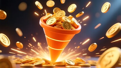 A bright 3D orange funnel icon releasing multiple flying gold coins, rendered with smooth glossy surfaces, clean reflections, and a modern digital style. Vibrant, high-detail composition .