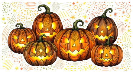 A festive group of intricately carved Jack-o'-lantern pumpkins glowing with spooky faces, a hand-drawn illustration for Halloween